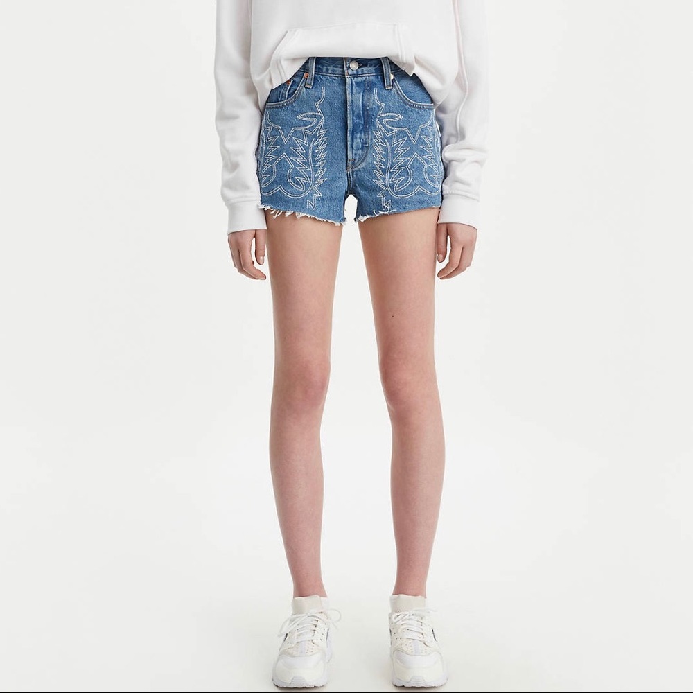 LEVI’S 501 High Rise Embroidered Denim Shorts New - Picture 7 of 9